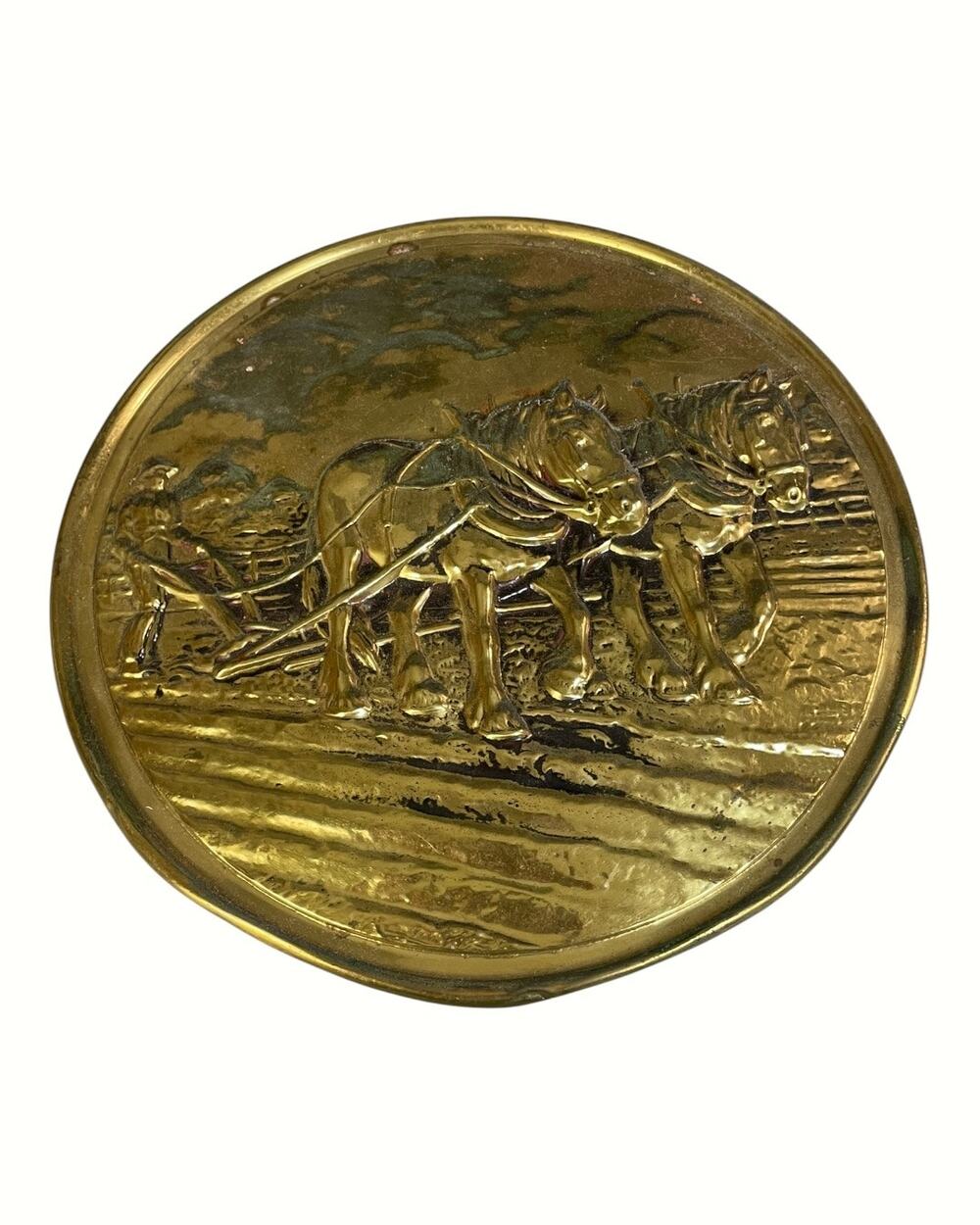 Vintage Embossed Brass 11” Plow Horses Wall Plaque Decor